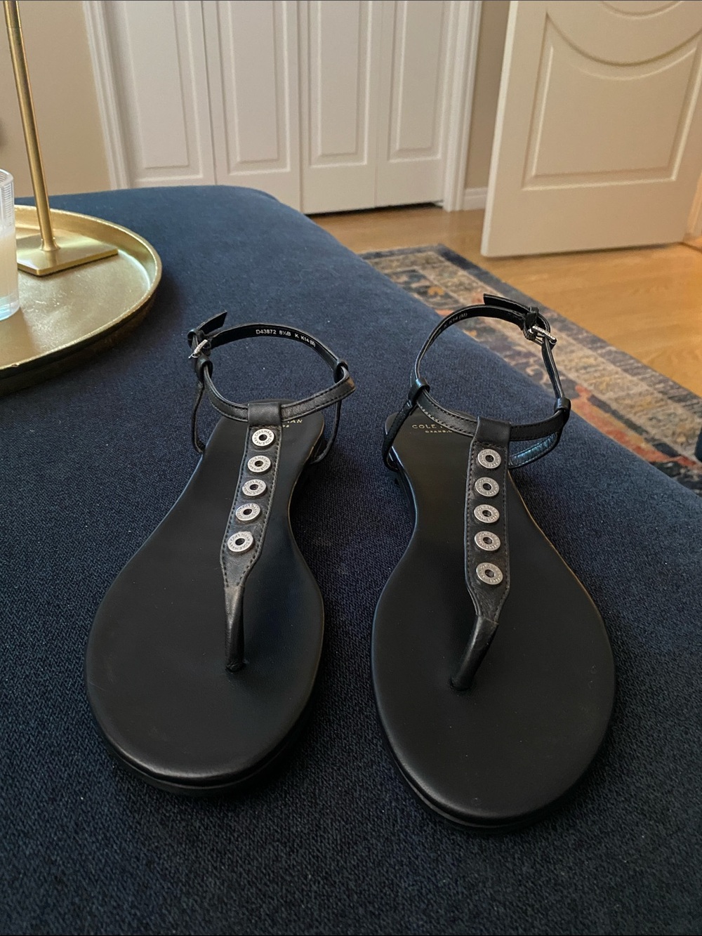 Cole Haan Black T-Strap Sandals with Silver Stud Accents